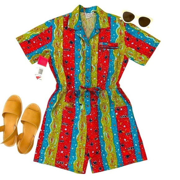 Dreams Pants - Dreams Vintage 80s Neon Abstract Cotton Romper Belted NWT Women's Small Rare